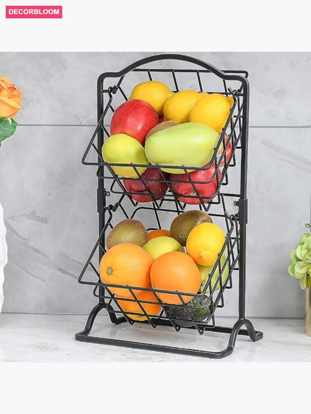 2 Tier Iron Fruit Basket Stand for Kitchen Counter, Wire Hanging Organizer,